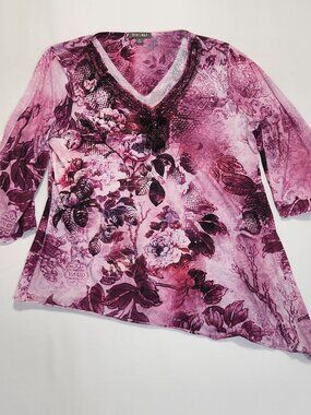 Roz & Ali Womens XL Asymmetrical Tunic Top Beaded V-Neck Pink Plum Floral